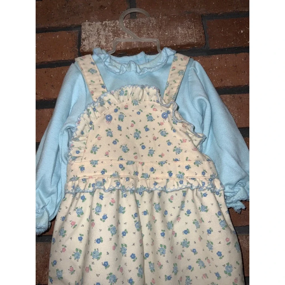 Vintage Little One's Girls 2 pc Corduroy Floral Overall Set Size‎ 12M Blue Shirt